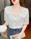 Summer Hollow Lace Blouses Women Sweet Pearl Doll Collar Princess Style Ladies Shirt  Short Sleeve Loose Floral Tops 151