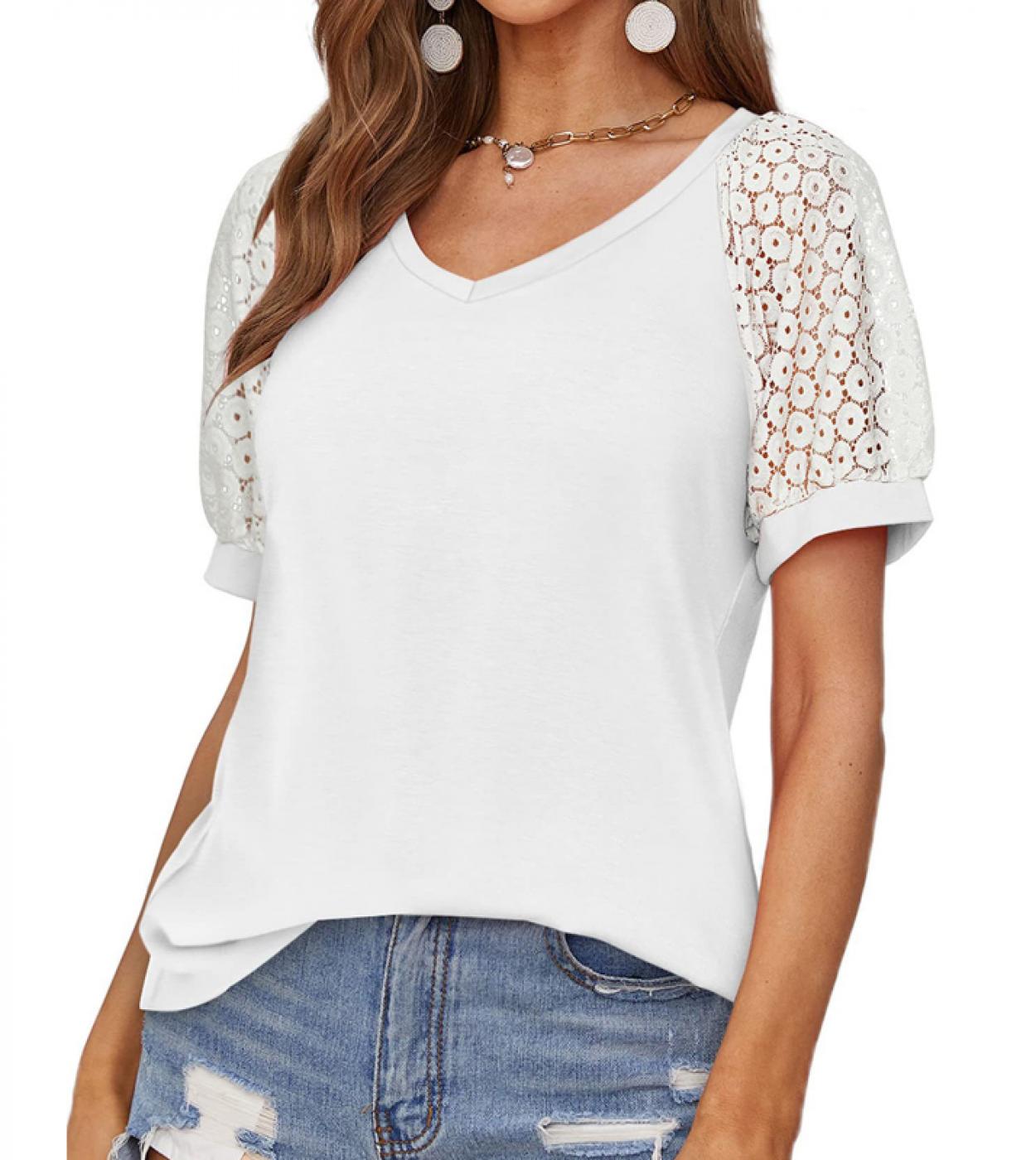 V Neck Summer Lace Stitching T Shirts Casual Blouse Women Hollow Out Short Sleeve Loose Tee Shirt 2023 Tops Tshirt Cloth