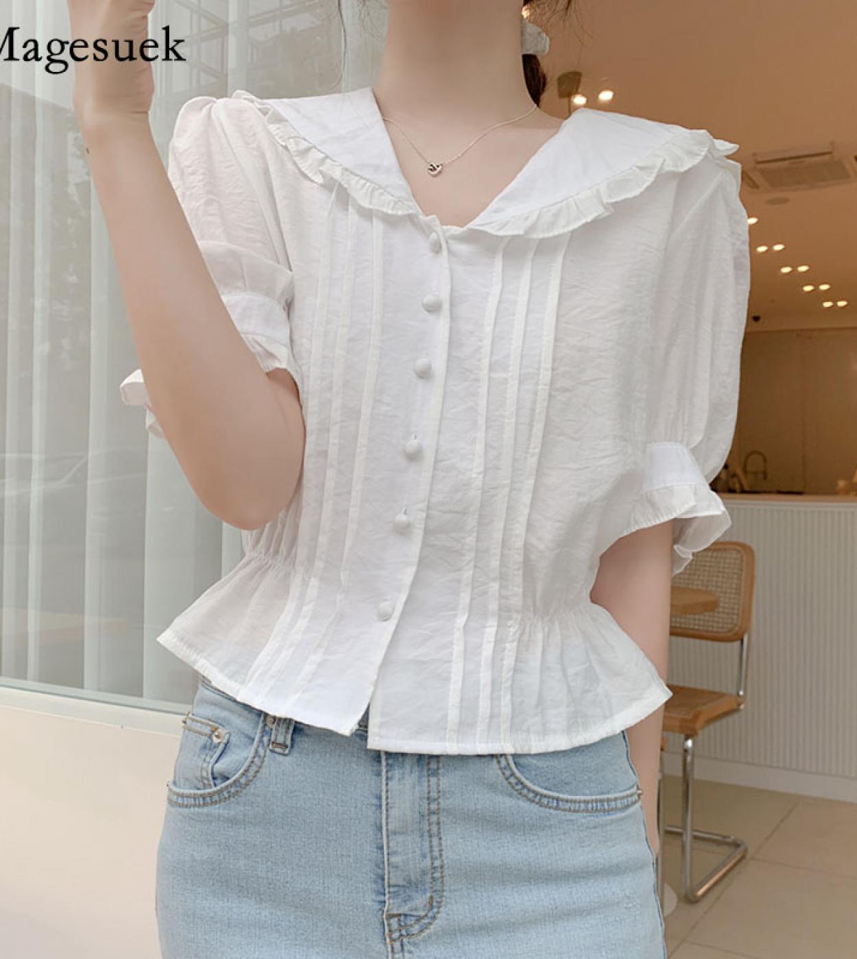  Peter Pan Colla Blouse  Summer Short Sleeve Tops Preppy Style Ladies White Shirt Ruffles Blouse Women Clothes 10103  Wo