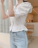  Peter Pan Colla Blouse  Summer Short Sleeve Tops Preppy Style Ladies White Shirt Ruffles Blouse Women Clothes 10103  Wo