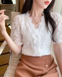 Vneck Crochet encaje mujeres Tops verano Chic nuevo Vintage sólido gasa blusa manga corta blanca señoras camisa 14436 Wome