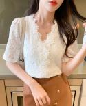 Vneck Crochet encaje mujeres Tops verano Chic nuevo Vintage sólido gasa blusa manga corta blanca señoras camisa 14436 Wome