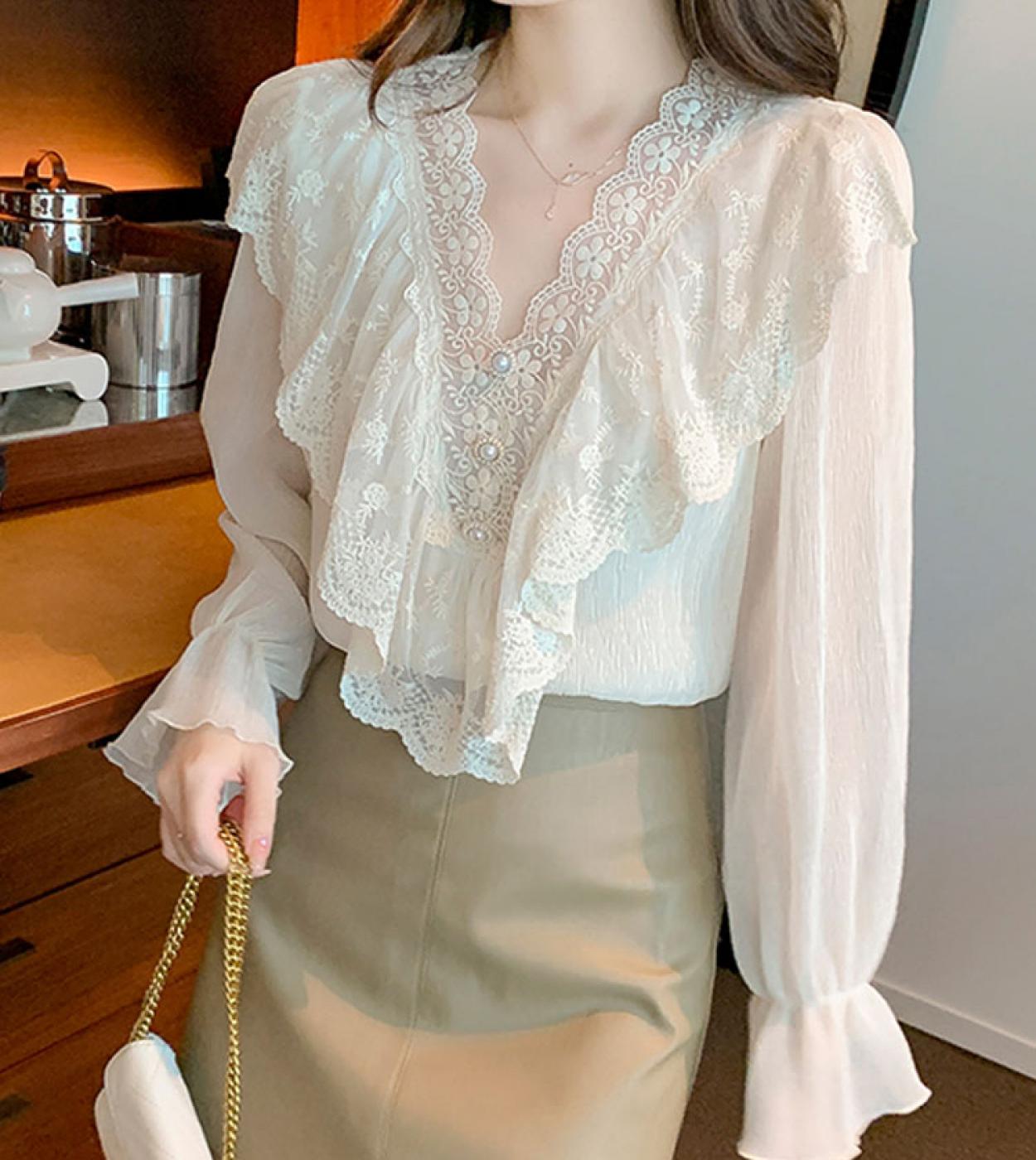 US 28.80 Fashion V Neck Lace Chiffon Blouse Casual 2022 Autumn