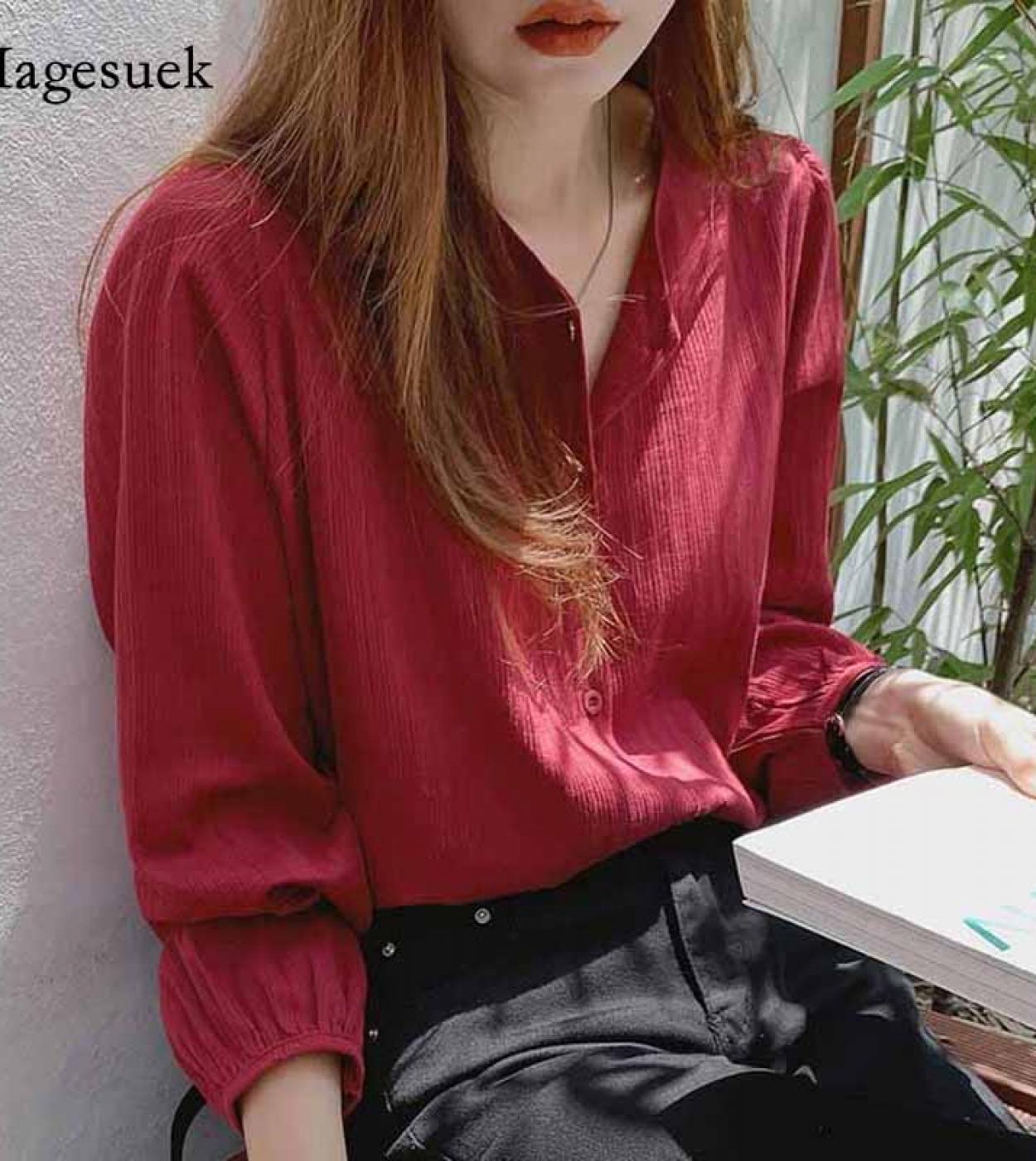 Allmatch الصلبة سترة غير رسمية بلوزة الخريف القطن ضئيلة طويلة الأكمام قميص المرأة النبيذ الأحمر اللون قاع قميص Blusas 1