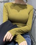 مائل الرقبة أضعاف بلوزة المرأة قمصان غير رسمية الخريف موضة سليم قاع تي شيرت المرأة طويلة الأكمام الصلبة بلايز Blusas 1