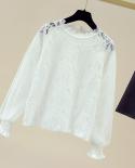 شفافة شبكة فانوس طويلة الأكمام الحلو Seethrough بلوزة المرأة الدانتيل بلوزة زر الموضة قميص أبيض الإناث Blusas