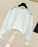 شفافة شبكة فانوس طويلة الأكمام الحلو Seethrough بلوزة المرأة الدانتيل بلوزة زر الموضة قميص أبيض الإناث Blusas