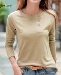   Long Sleeve Casual Bottoming Shirt For Women Spring O Neck Cotton Tshirt Female Wild Button Slim Loose Tshirt 12986  T