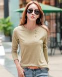   Long Sleeve Casual Bottoming Shirt For Women Spring O Neck Cotton Tshirt Female Wild Button Slim Loose Tshirt 12986  T