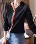  Autumn Fashion Long Sleeve Cardigan Spliced Bottoming Shirt New Women Lapel Contrasting Color Vneck Chiffon Blouse 1088
