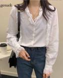  Autumn  Style Vneck Solid Puff Sleeve Allmatch Womens Blouse Sweet Lace Stitching Long Sleeve Shirt Blusas 10863  Blou
