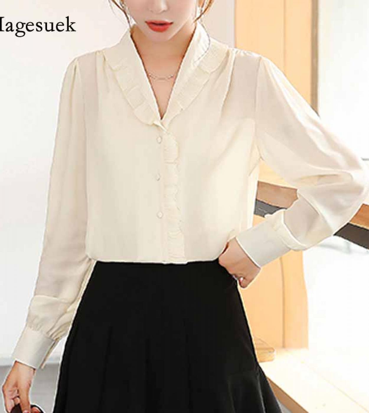 Blusa blanca de chifon Vintage con cuello en V y volantes cardigan para mujer camisas de oficina para mujer Blusas de manga l