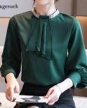  New Autumn Oneck Long Sleeve Pullover Womens Tops And Blouse Spliced Ladies Elegant Solid Chiffon Shirt Blusas 10667  