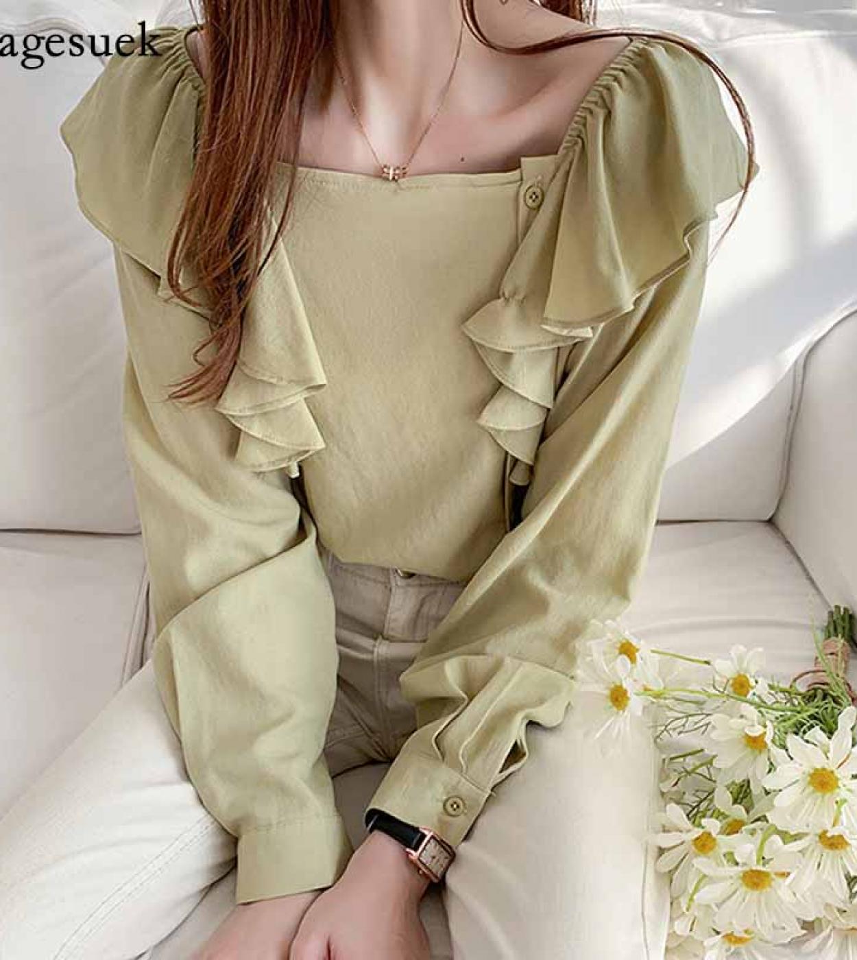 Fashion Autumn Ruffles Spliced Solid Long Puff Sleeve Blouse Women Square Collar Tops Elegant Button Shirts Blusas Mujer