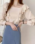 Fashion Autumn Ruffles Spliced Solid Long Puff Sleeve Blouse Women Square Collar Tops Elegant Button Shirts Blusas Mujer