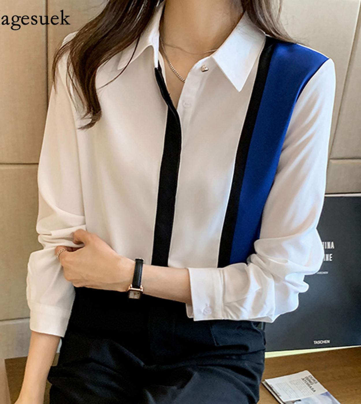 New Spring Contrast Turndown Collar Tops Fashion Long Sleeve Splicing Womens Blouse Temperament Chiffon Shirt Blusas 12