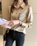 Vintage Long Sleeve Professional Blouse Women  Ladies Elegant Satin Silk Shirt  New Fashion Chiffon Pocket Tops 12804  B