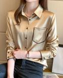 Vintage Long Sleeve Professional Blouse Women  Ladies Elegant Satin Silk Shirt  New Fashion Chiffon Pocket Tops 12804  B