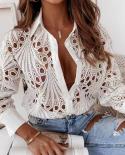 Fashion Hollow Out Lace Shirts 2022 Long Sleeve Turndown Collar Tops Women Blouses Autumn Casual Vintage Loose Clothing 