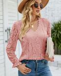 Fashion Lace Blouse V Neck Elegant Women Vintage Long Sleeve Hollow Flowers  Shirts Lace Tops Slim Autumn Mujer Blusas 2