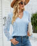 Fashion Lace Blouse V Neck Elegant Women Vintage Long Sleeve Hollow Flowers  Shirts Lace Tops Slim Autumn Mujer Blusas 2