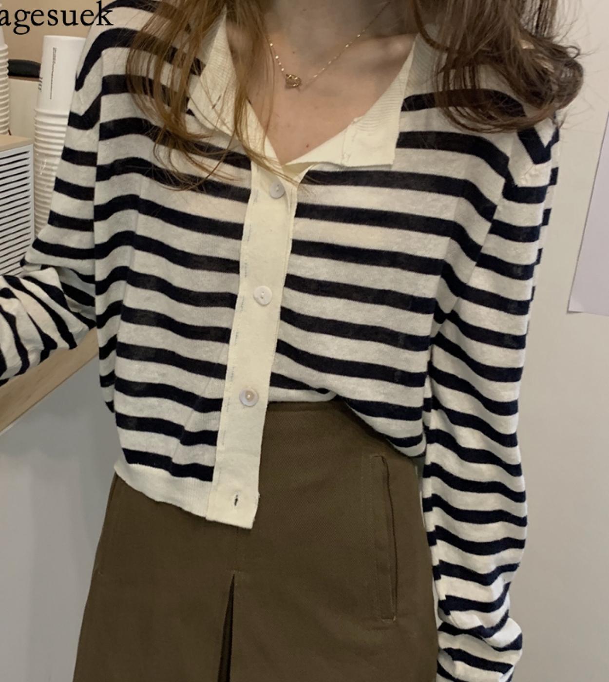Loose Thin O Neck Short Coat Spring New  Knitted Wild Blouse Women College Style Striped Cardigan Thin Tops Female 12896