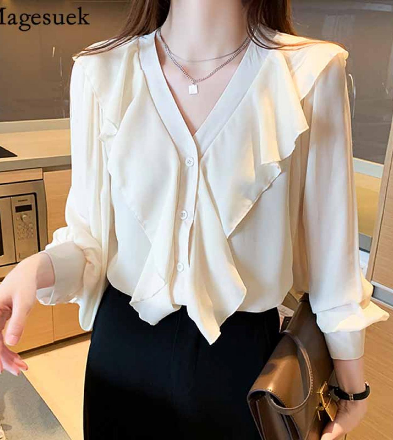 Women Long Lantern Sleeve Slim Fit Cardigan Shirts  Autumn  Style Solid Color Vneck Ruffled Blouse Blusas Mujer 11458  B