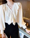 Mujeres manga larga linterna Slim Fit Cardigan camisas estilo otoño Color sólido cuello en V blusa con volantes Blusas Mujer 114