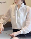  Autumn Long Sleeve Elegant Solid Chiffon Womens Blouse Bow Tie Cardigan Slim Fit Ladies Shirt Blusas Mujer De Moda 107