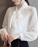 Otoño manga larga elegante gasa sólida Mujer blusa pajarita Cardigan Slim Fit señoras camisa Blusas Mujer De Moda 107