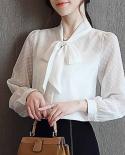 Otoño manga larga elegante gasa sólida Mujer blusa pajarita Cardigan Slim Fit señoras camisa Blusas Mujer De Moda 107