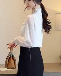  Autumn Long Sleeve Elegant Solid Chiffon Womens Blouse Bow Tie Cardigan Slim Fit Ladies Shirt Blusas Mujer De Moda 107
