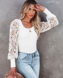 Elegant Fashion Square Collar Knitted Blouse Women Hollow Out Lace Long Sleeve Ladies Tops Mujer Autumn Shirts New Cloth