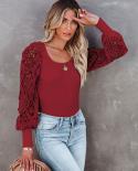 Elegant Fashion Square Collar Knitted Blouse Women Hollow Out Lace Long Sleeve Ladies Tops Mujer Autumn Shirts New Cloth