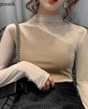  Western Style Mesh Top Solid Slim  Hollow Half Turtleneck Long Sleeve Womens Shirt Winter Fashion Blouse Women 11258ts