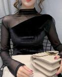 Western Style Mesh Top Solid Slim  Hollow Half Turtleneck Long Sleeve Womens Shirt Winter Fashion Blouse Women 11258ts