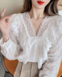 Autumn Fashion V Neck Womens Shirt Long Sleeve Hollow Out Ruffle Blouse With Lace Sweet Crochet Flower White Tops Blusa