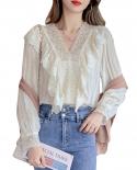 Autumn Fashion V Neck Womens Shirt Long Sleeve Hollow Out Ruffle Blouse With Lace Sweet Crochet Flower White Tops Blusa