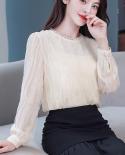  Elegant Chiffon Shirt Women Lace Solid Pullover Female Tops Autumn New Office Lady Mesh Long Sleeve Women Blouse 10932 
