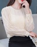 חולצת שיפון אלגנטית נשים תחרה סוודר מוצק חולצות נשים סתיו חדש משרד ליידי רשת שרוולים ארוכים נשים חולצה 10932