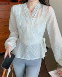 Autumn Hollow Crochet Cross Lace Blouse V Neck Polka Dot Elegant Blouse Women Long Sleeve Gentle Slim Shirt Blusas Mujer