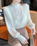 Elegant Ruffles Lace Blouse Women 2022 New Autumn Stand Collar Sweet Shirt Clothes Beading Shirt Puff Sleeve Tops Blusas
