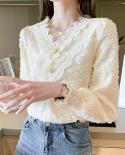  Autumn Lace Bottom Shirt Elegant Vneck Hollow Out Flower Womens Blouse Long Sleeve Apricot Loose Tops Blusas Mujer 168