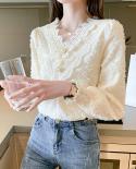  Autumn Lace Bottom Shirt Elegant Vneck Hollow Out Flower Womens Blouse Long Sleeve Apricot Loose Tops Blusas Mujer 168