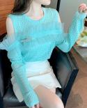  Off Shoulder Hollow Out Blouse Lace Ruffle Transparent Long Sleeve Sunscreen Tops Shirt  Clothes Blusa Mujer 22785  Wom