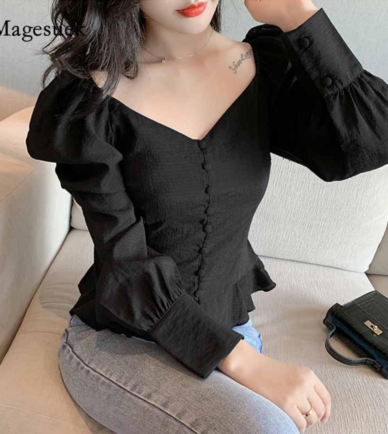 Women Long Puff Sleeve Solid Black Tops Vneck Shirts Autumn Fashion Cardigan  Style Slim Fit Blouse Blusas Mujer 10952  