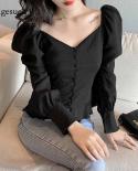 Mujeres manga larga Puff sólido negro Tops cuello en V camisas otoño moda cárdigan estilo Slim Fit blusa Blusas Mujer 10952