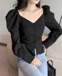 Women Long Puff Sleeve Solid Black Tops Vneck Shirts Autumn Fashion Cardigan  Style Slim Fit Blouse Blusas Mujer 10952  