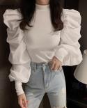 Nuevo otoño tejido Patchwork Slim Fit Tops primavera camisa cuello redondo Puff manga larga diseño blusa mujer Blusas 12910 Blou