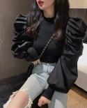 New Autumn Knitted Patchwork Slim Fit Tops Spring   Shirt O Neck Puff Long Sleeve Design Blouse Women Blusas 12910  Blou